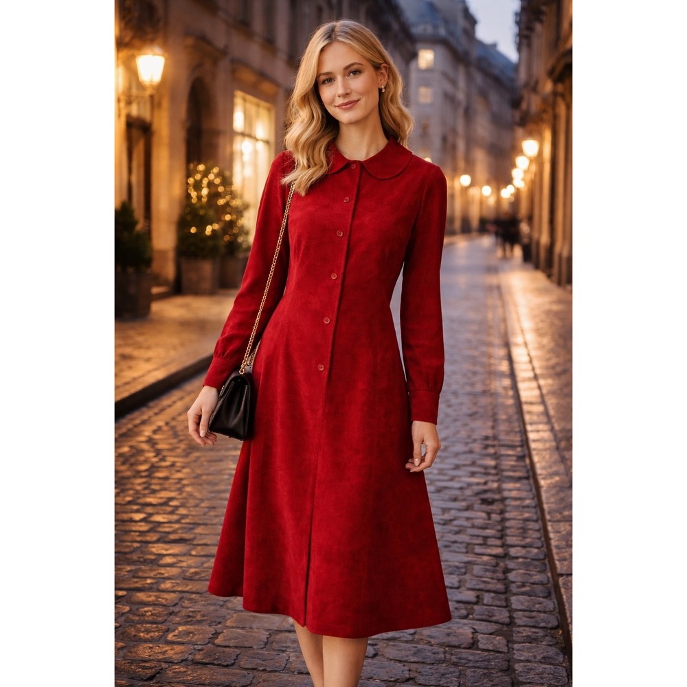 Vintage ILGWU Red Velour Midi Dress Peter Pan Collar USA‎ Made